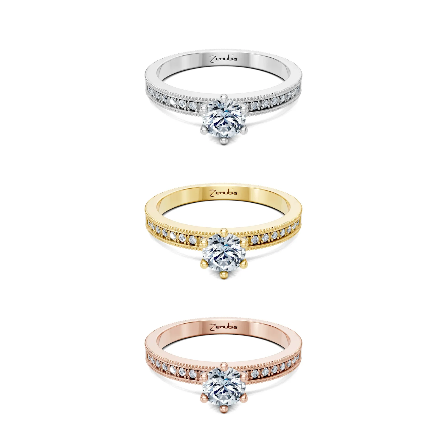 Fabienne_3erKombi_Fabienne-Verlobungsring_Zenubia_Weissgold_Gelbgold_Rosegold_Platin