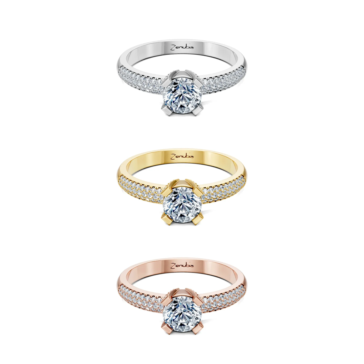 Lora_3erKombi_Lora-Verlobungsring_Zenubia_Weissgold_Gelbgold_Rosegold_Platin